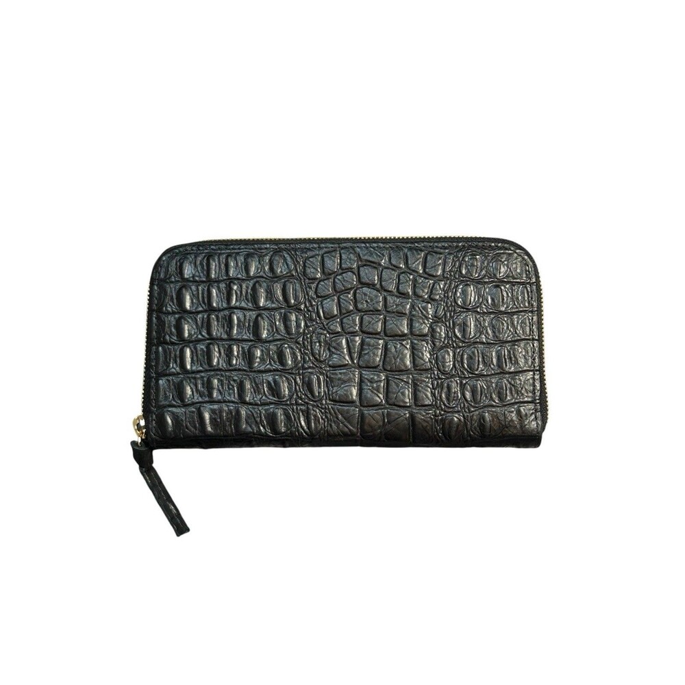 Clare V. Gray Continental Zip Around Wallet Crocodile Leather Black
